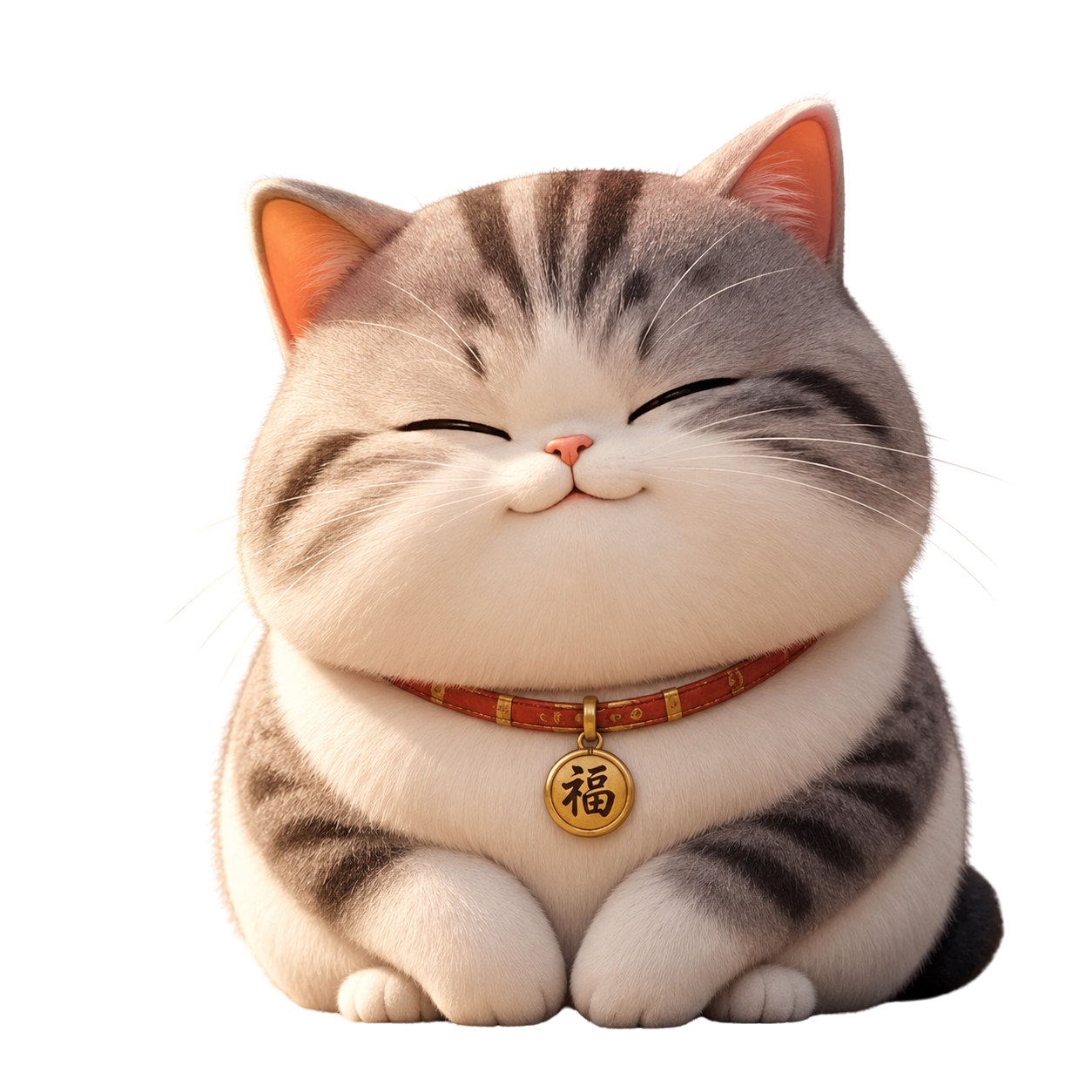 Chi Cat, a round smiling tabby wearing a red collar with a gold fortune pendant